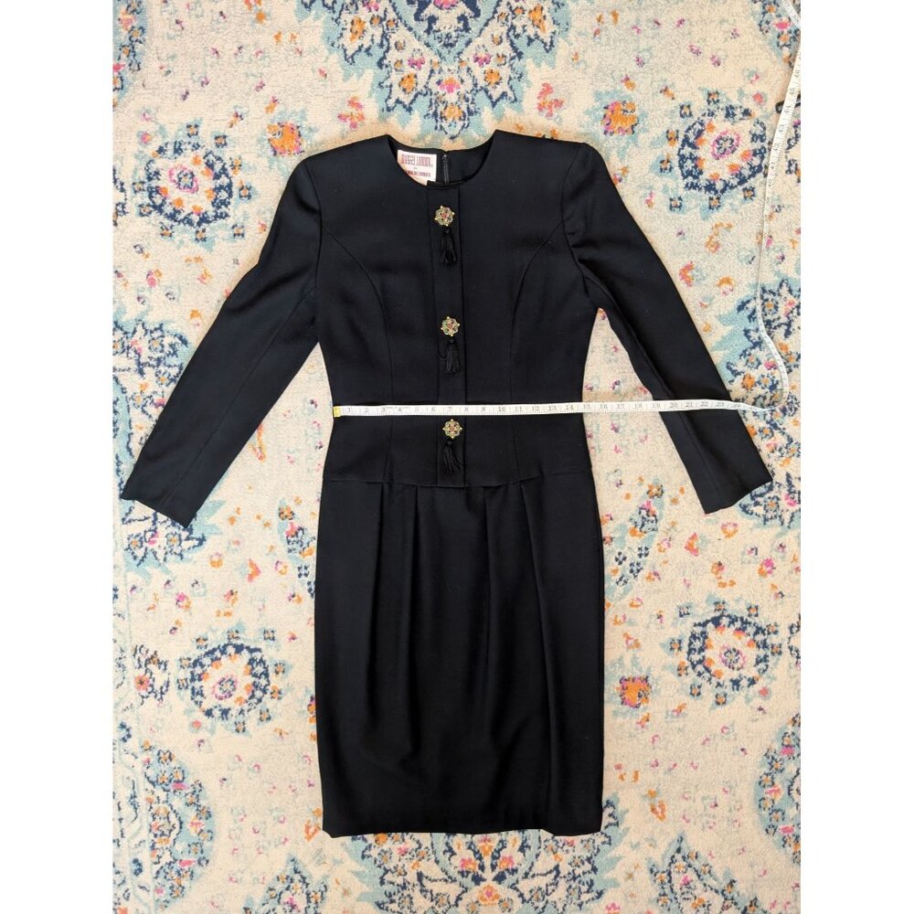 Vintage Maggy London Black Wool Dress W/ Embellished Appliques & Tassels - 4 - Picture 7 of 10